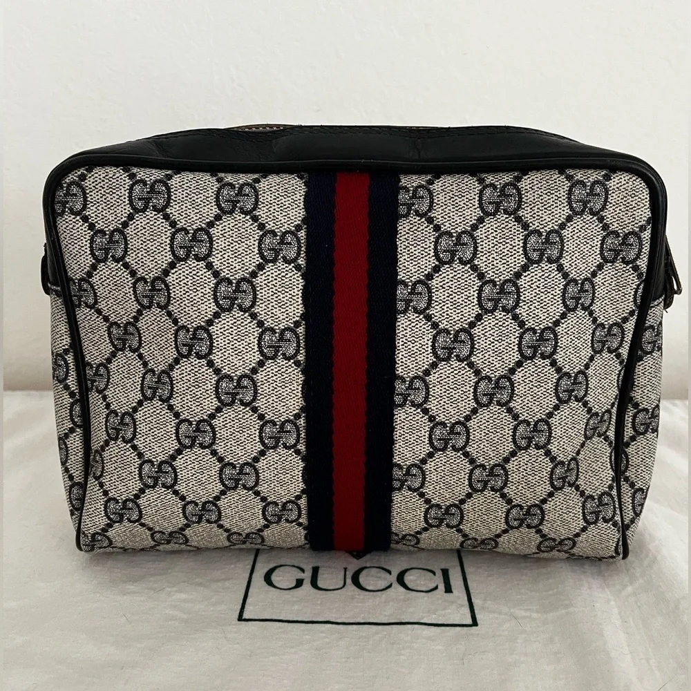 Gucci Blue GG Supreme Sherry Line Clutch Cosmetic Pouch Late1970s-84 Collectible